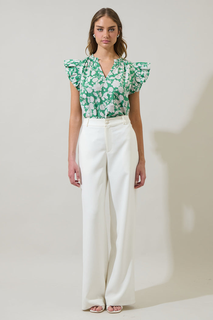 Baxley Floral Risette Ruffle Split Neck Top