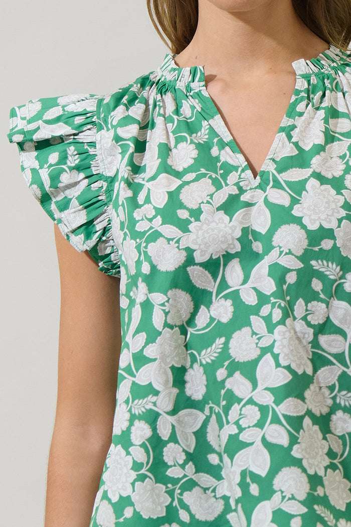 Baxley Floral Risette Ruffle Split Neck Top