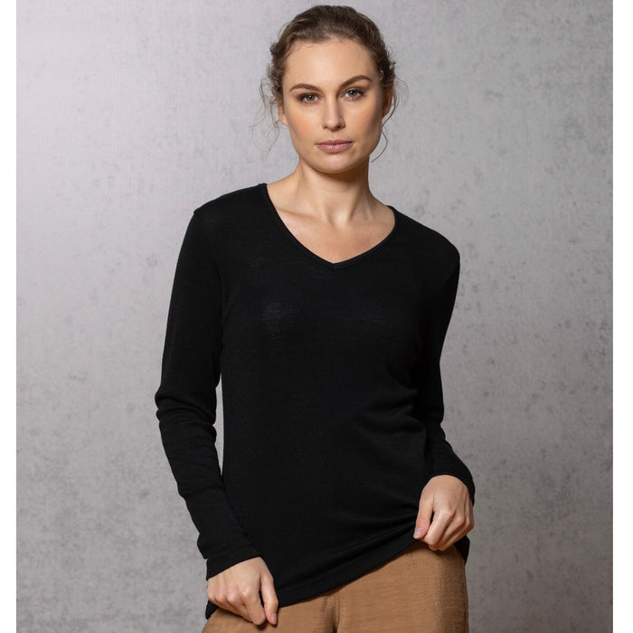 Woman wearing vee neck top in colour Black