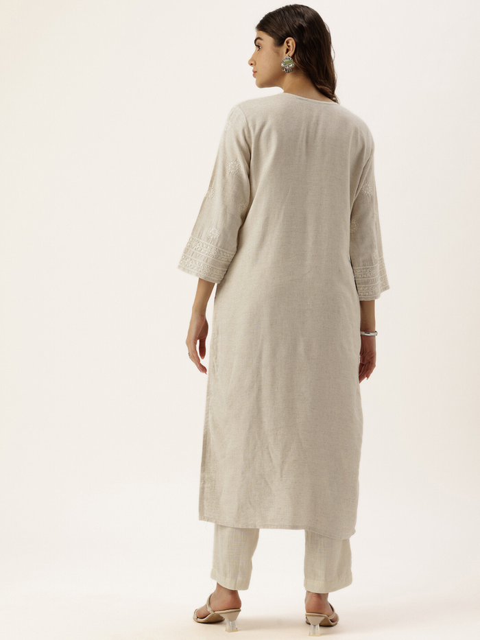 Beige Floral Embroidered Kurta