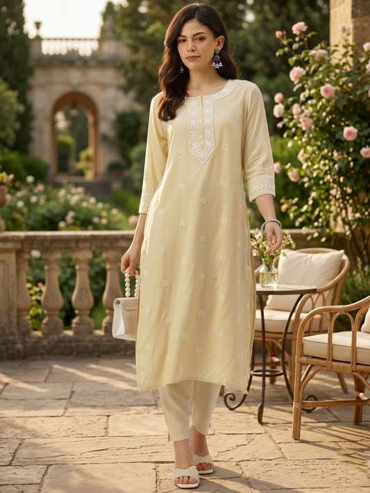 Beige Floral Embroidered Straight Kurta