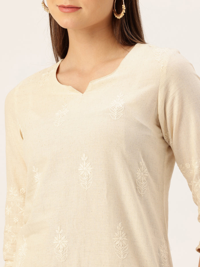 Beige Floral Embroidered Straight Kurta