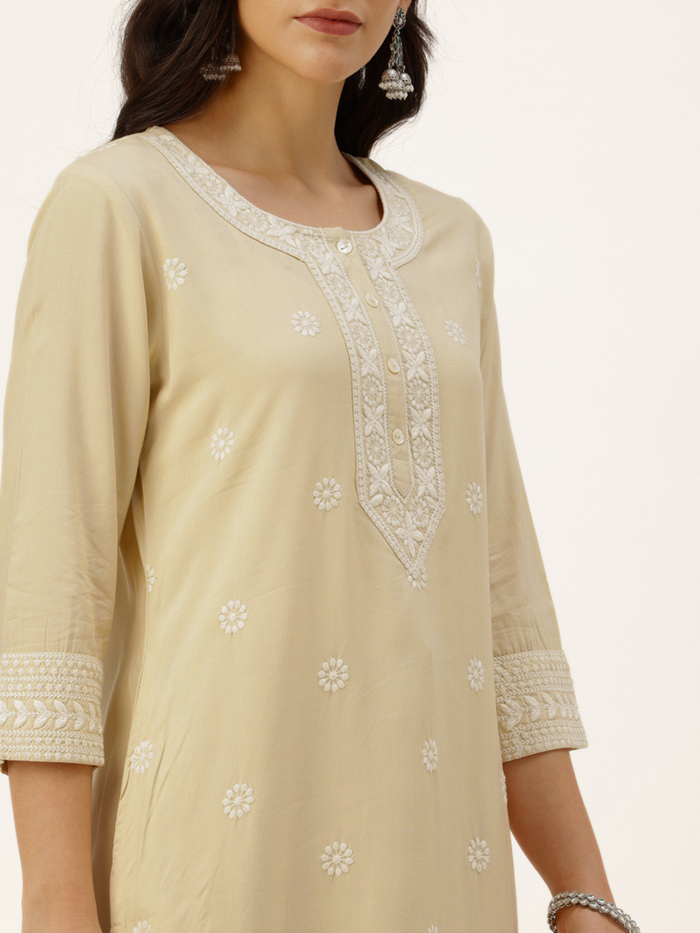 Beige Floral Embroidered Straight Kurta