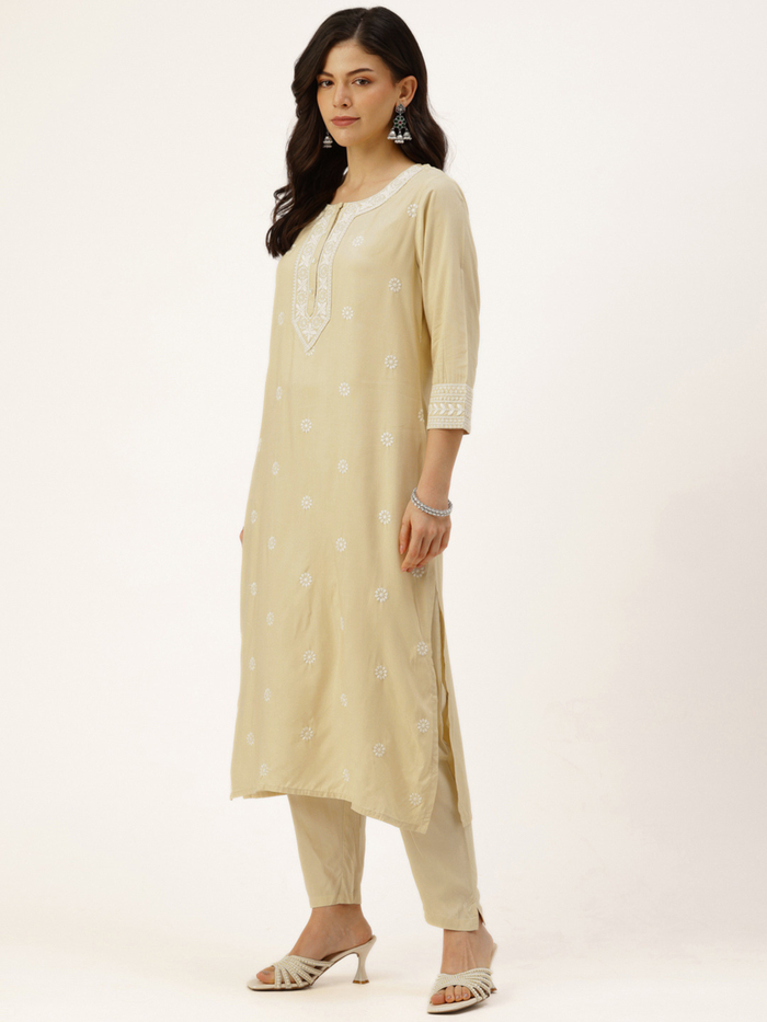 Beige Floral Embroidered Straight Kurta