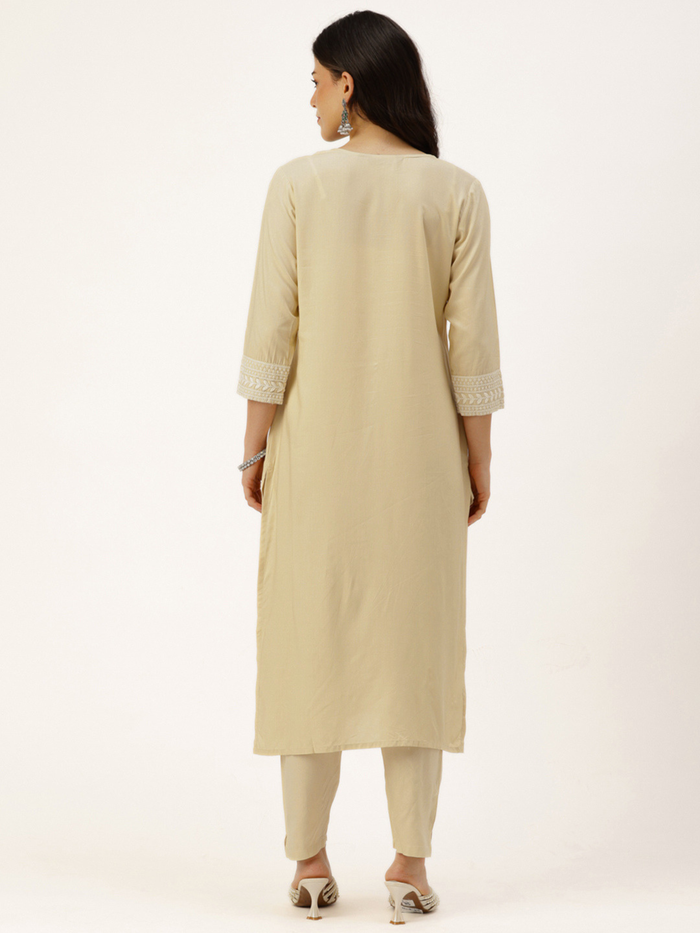 Beige Floral Embroidered Straight Kurta