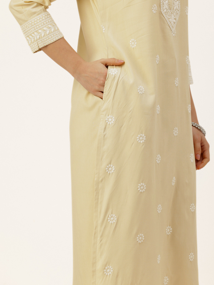 Beige Floral Embroidered Straight Kurta