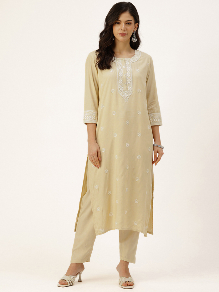 Beige Floral Embroidered Straight Kurta
