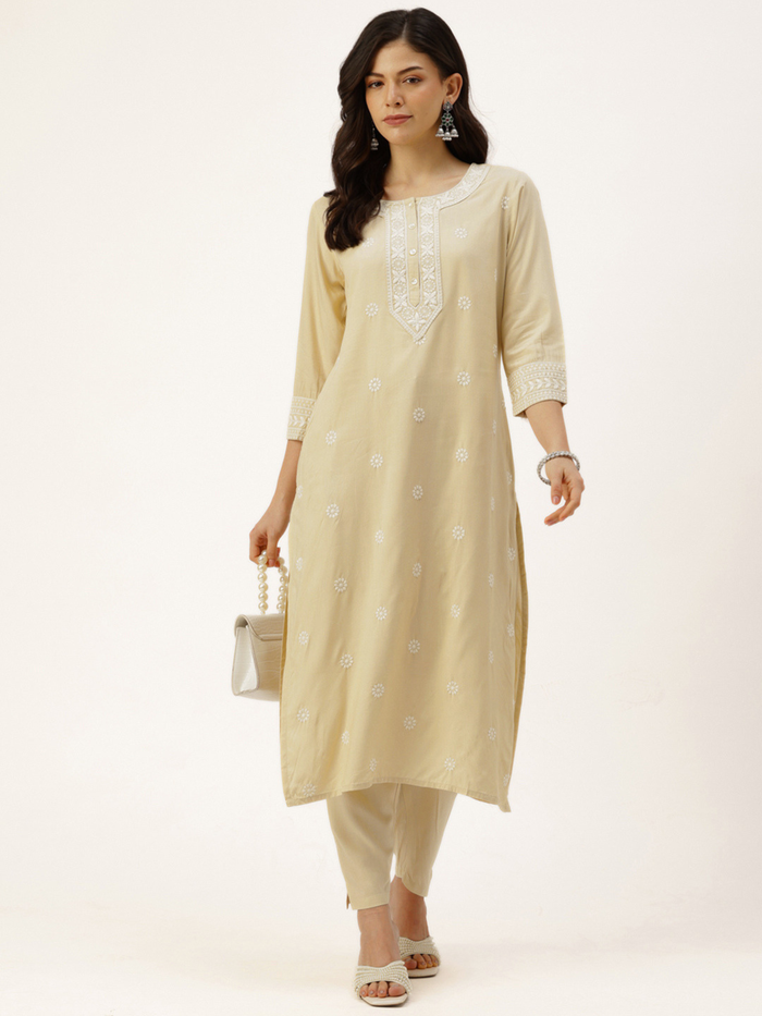 Beige Floral Embroidered Straight Kurta