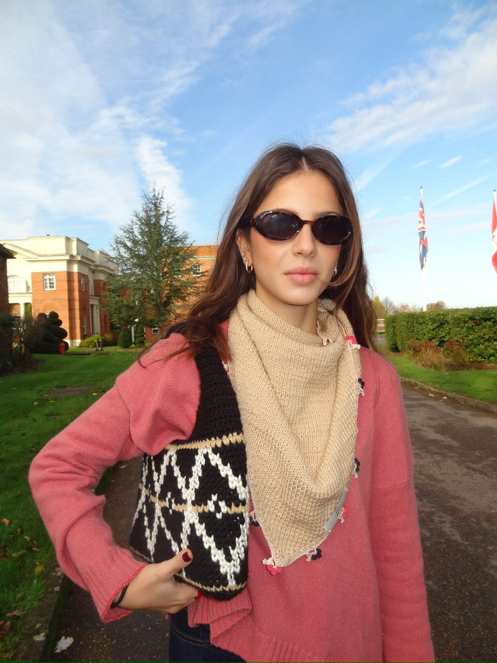 Bej Küçük Wool Hobo Bag