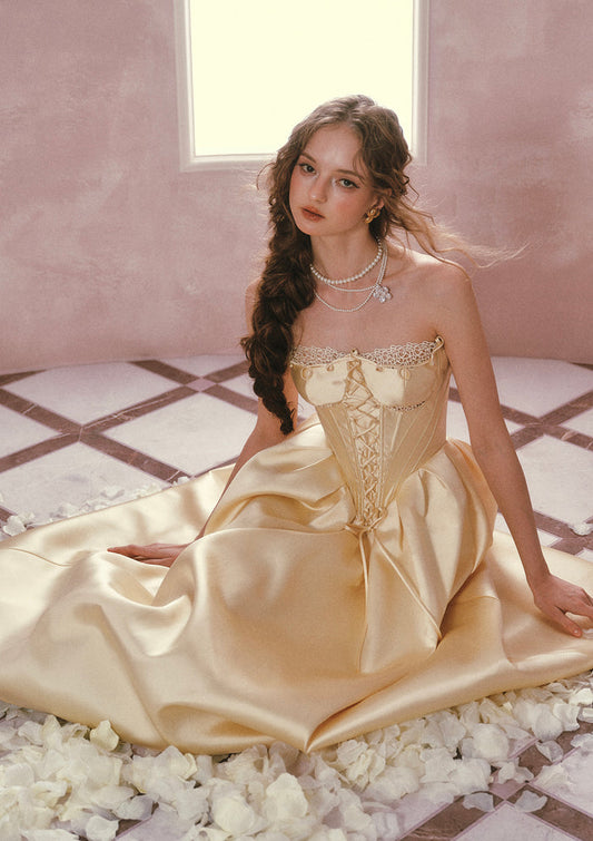 Lacemade Belle's Gilded Corset Dress - Shimmering champagne gold satin