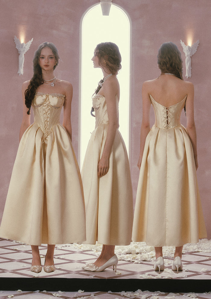 Belle's Gilded Corset Dress - Shimmering champagne gold vintage aesthetic