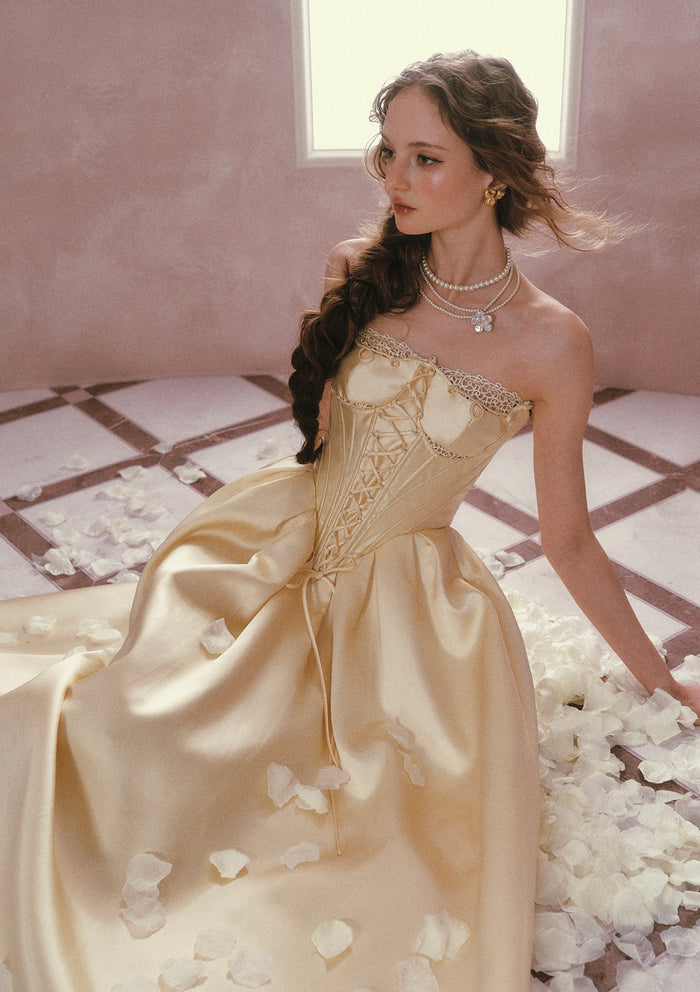 Lacemade Belle's Gilded - Strapless champagne satin dress for parties