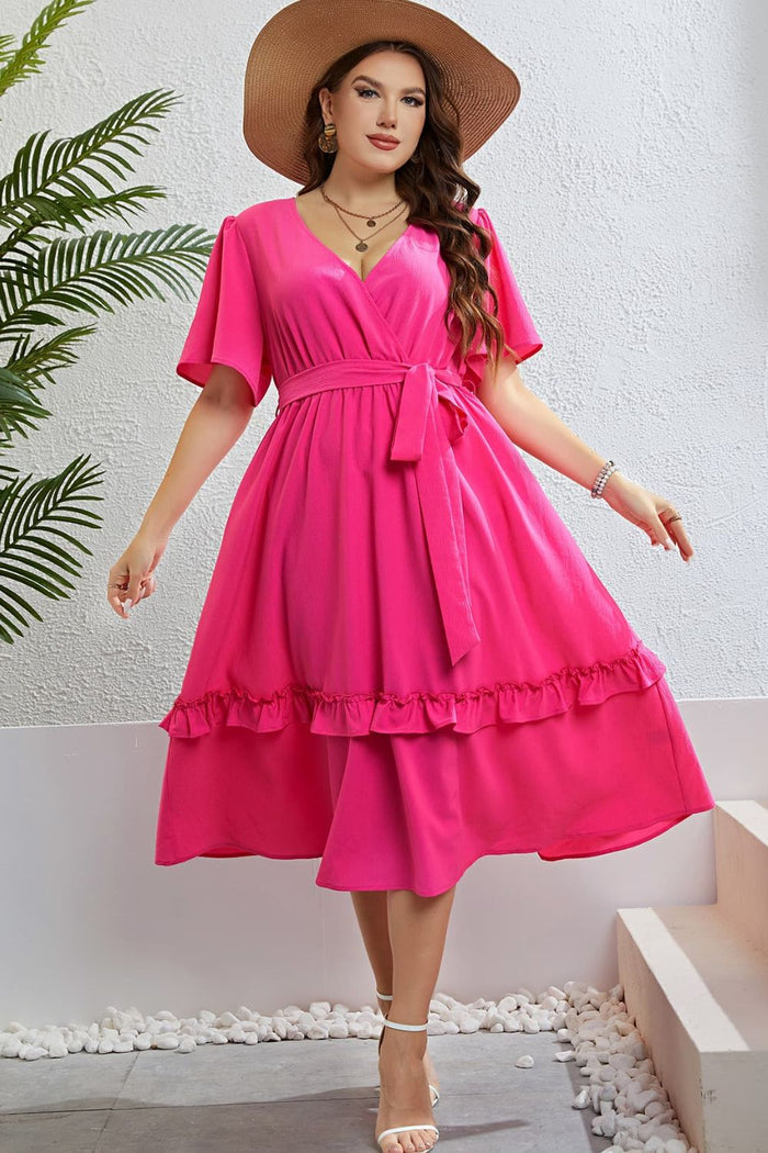 Belted Frill Trim Flutter Sleeve Dress - Madikfashions.com