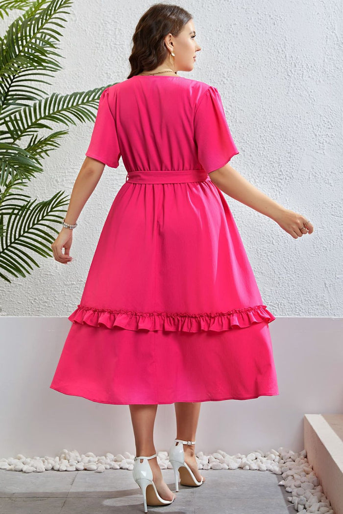Belted Frill Trim Flutter Sleeve Dress - Madikfashions.com