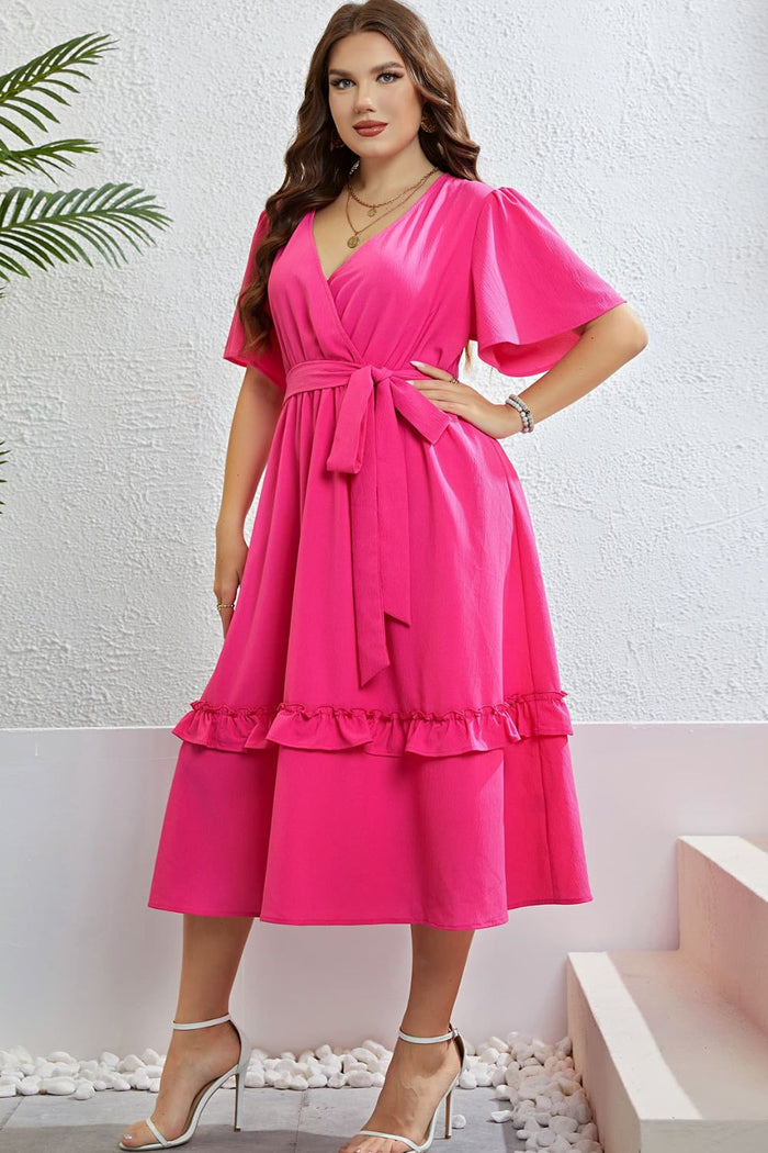 Belted Frill Trim Flutter Sleeve Dress - Madikfashions.com