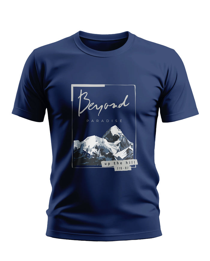 Navy blue men's t-shirt with mountain graphic and 'Beyond Paradise' text on front