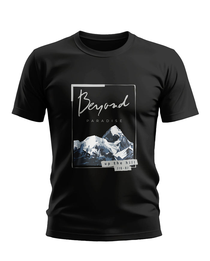 Black men's graphic T-shirt with mountain print and 'Beyond Paradise' text
