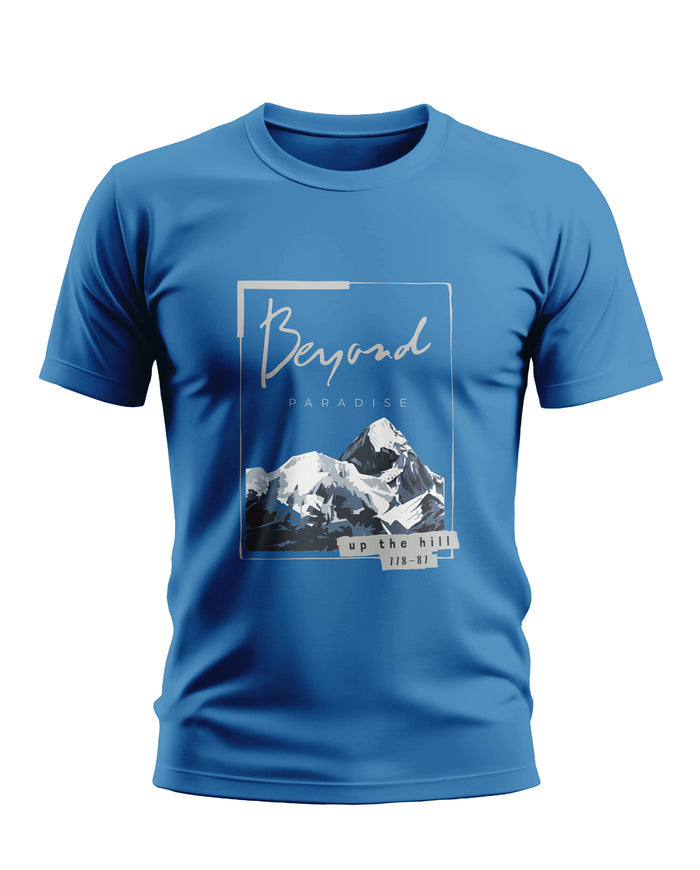 Blue men's t-shirt with mountain graphic and 'Beyond Paradise' text, casual fashion style