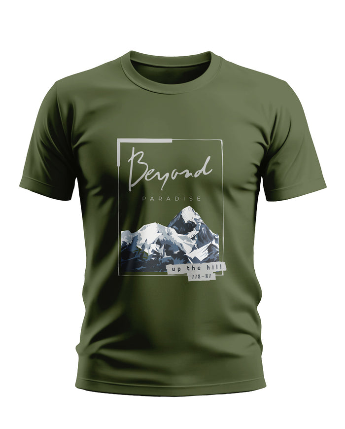 Olive green men's t-shirt with mountain graphic and 'Beyond Paradise' text print