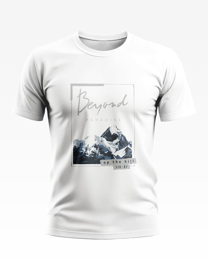 White men's graphic t-shirt with mountain print and 'Beyond Paradise' text, casual wear
