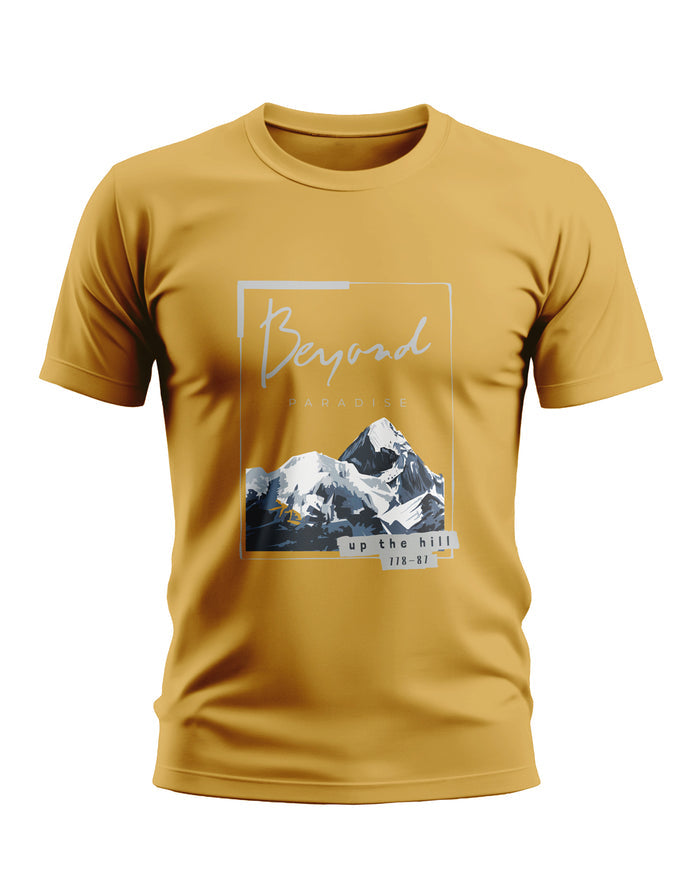 Yellow men's t-shirt with mountain print and 'Beyond Paradise up the hill' text, casual wear