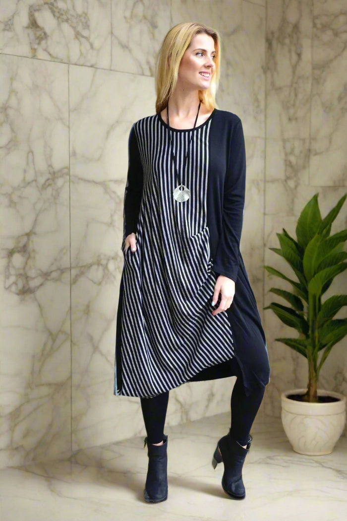 Black 3/4 sleeve stripe jersey tunic dress by Whispers, featuring a relaxed fit and classic striped pattern.