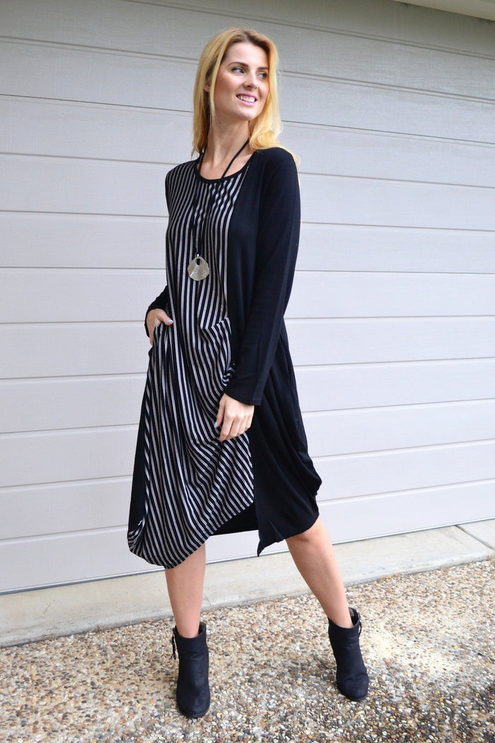 Black 3/4 sleeve stripe jersey tunic dress by Whispers, featuring a relaxed fit and stylish nautical stripe pattern.