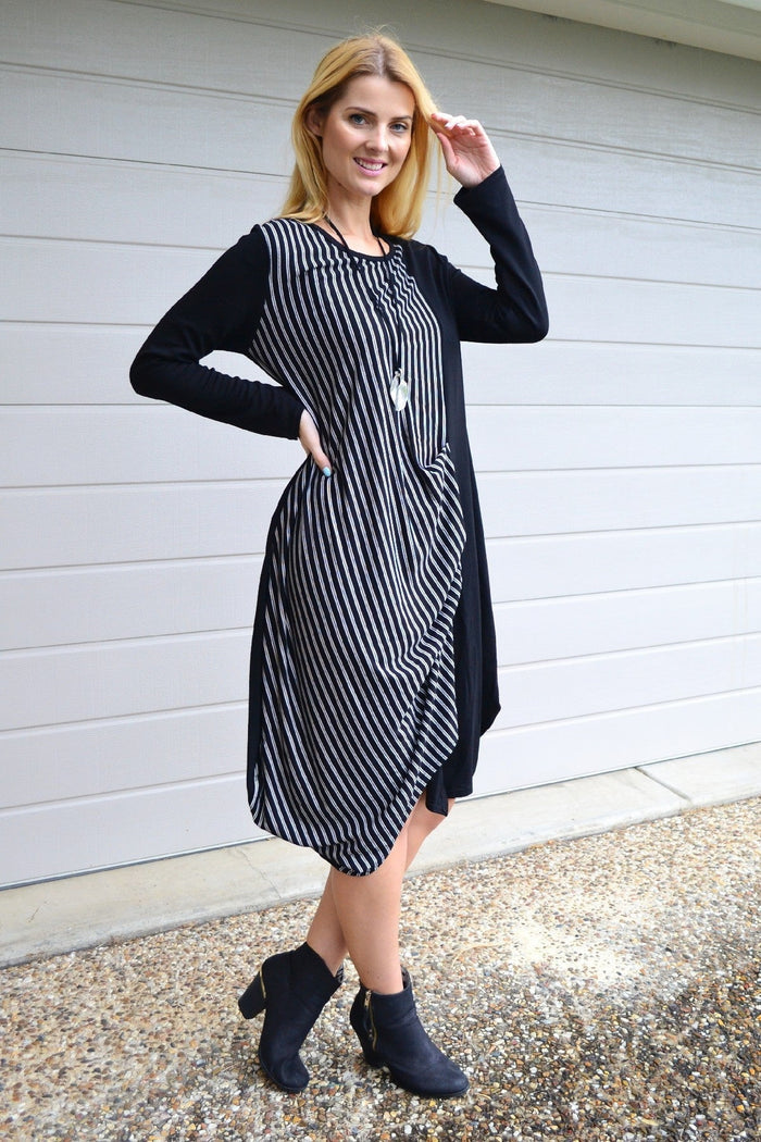 Black 3/4 sleeve stripe jersey tunic dress by Whispers, featuring a relaxed fit and casual style.