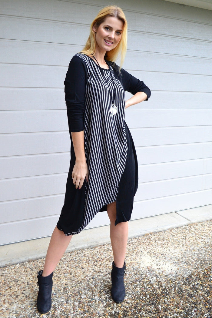 Black 3/4 sleeve stripe jersey tunic dress by Whispers, featuring a relaxed fit and stylish striped pattern.