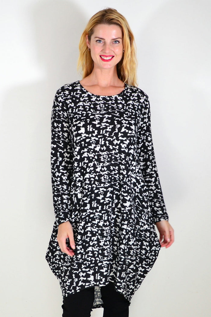 Black Digitech knit tunic top from I Love Tunics, featuring a relaxed fit with long sleeves and a rounded neckline.