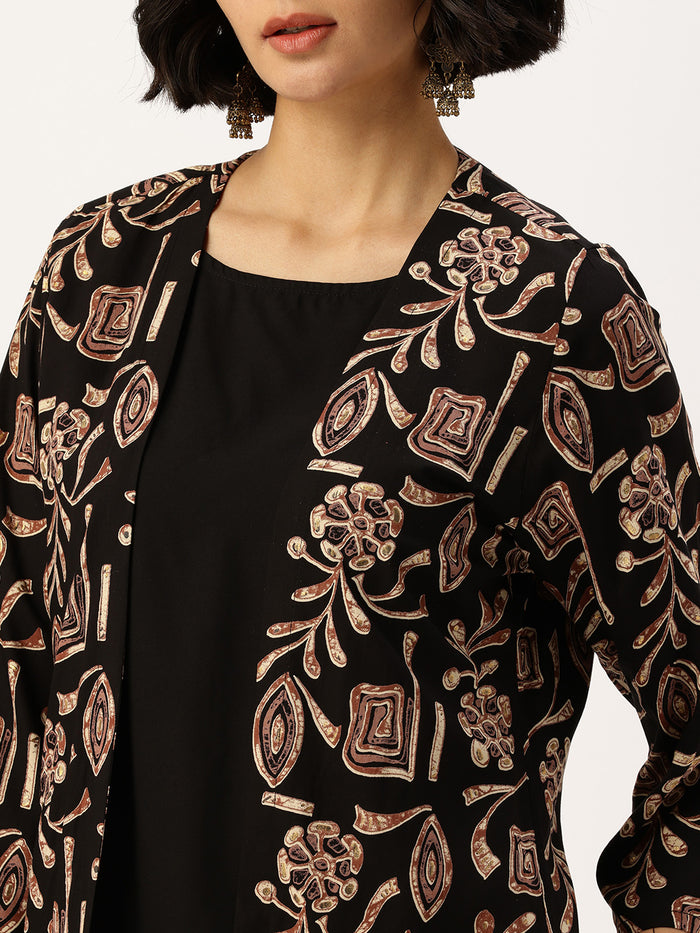 Black Floral Printed Ethnic Dress With Shrug