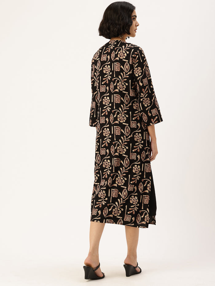 Black Floral Printed Ethnic Dress With Shrug