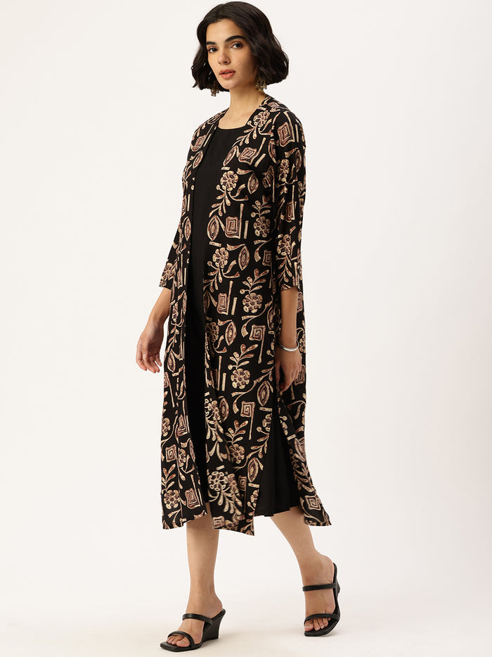 Black Floral Printed Ethnic Dress With Shrug