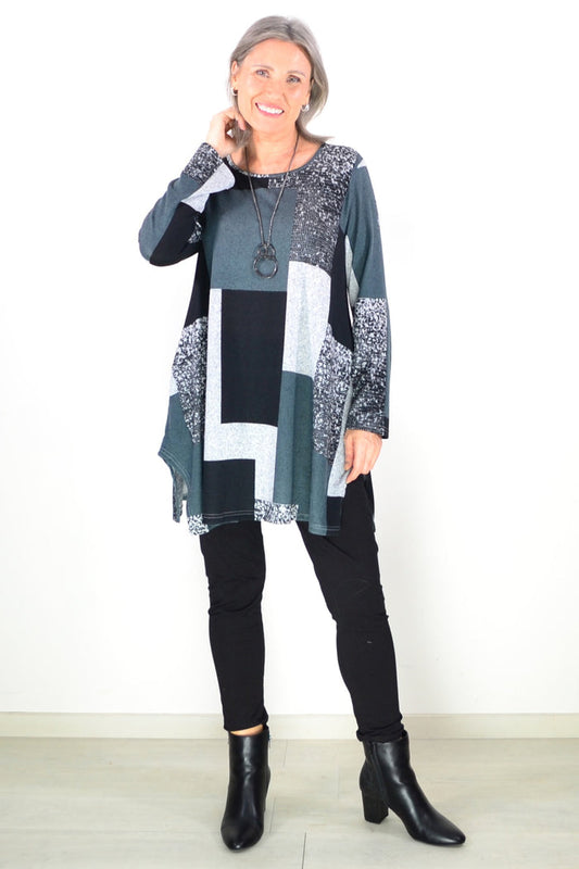 Black and grey geometric fleece tunic top by Hourglass, featuring a comfortable relaxed fit and stylish design.