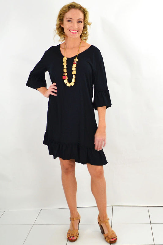 Black ruffle 3/4 sleeve tunic dress by I Love Tunics, featuring a flowy silhouette and feminine ruffle details.