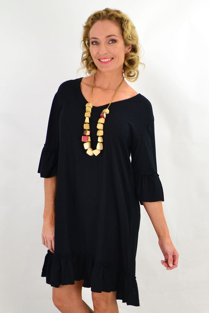 Black ruffle 3/4 sleeve tunic dress by I Love Tunics, featuring a flowing silhouette and stylish ruffle details.