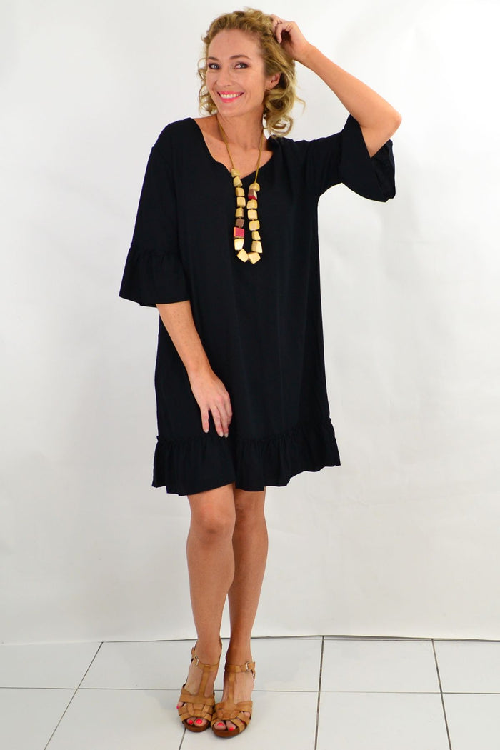 Black ruffle 3/4 sleeve tunic dress by I Love Tunics, featuring a flowy silhouette and stylish ruffle details.