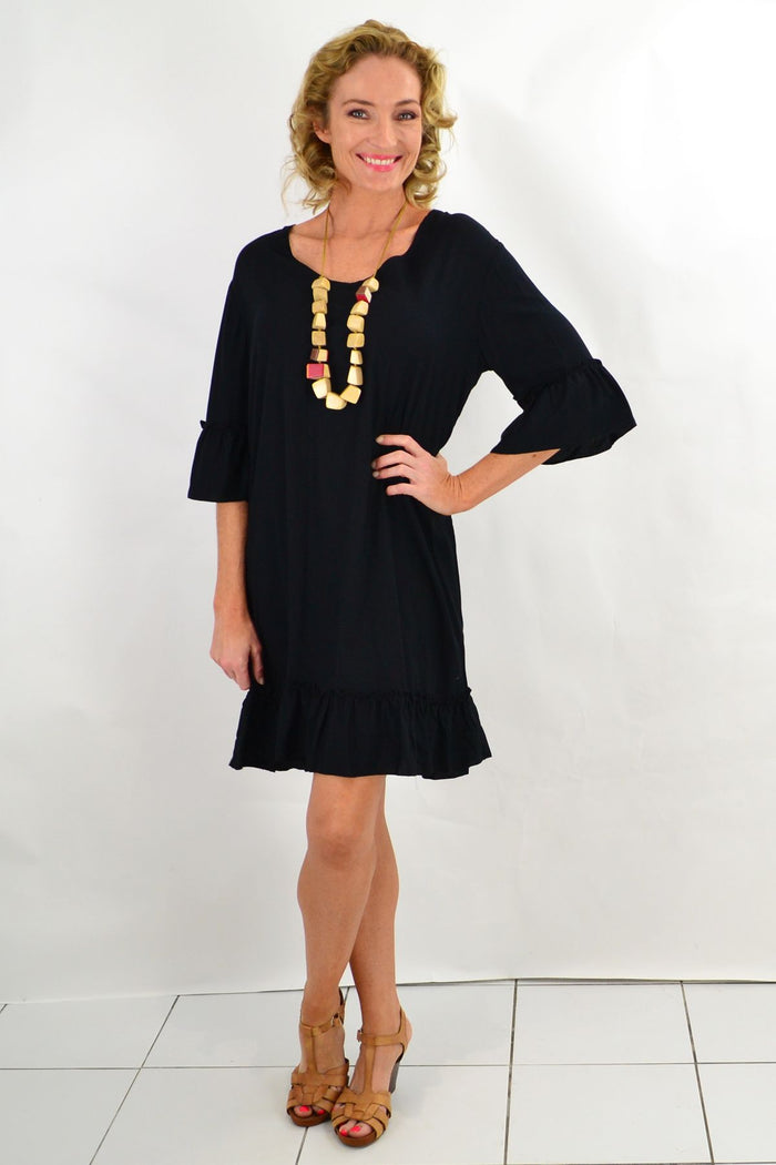 Black ruffle 3/4 sleeve tunic dress by I Love Tunics, featuring a flowy silhouette and stylish ruffle details on the sleeves.