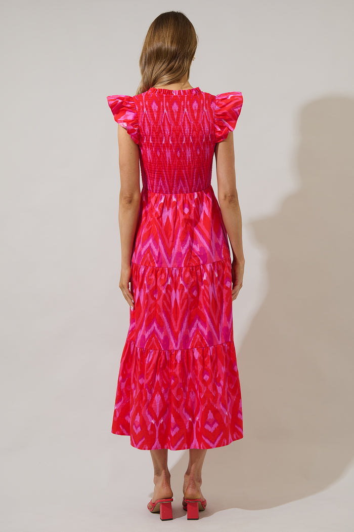 Blevin Ikat Sunfire Smocked Bodice Tiered Midi Dress