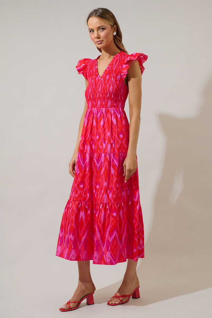 Blevin Ikat Sunfire Smocked Bodice Tiered Midi Dress