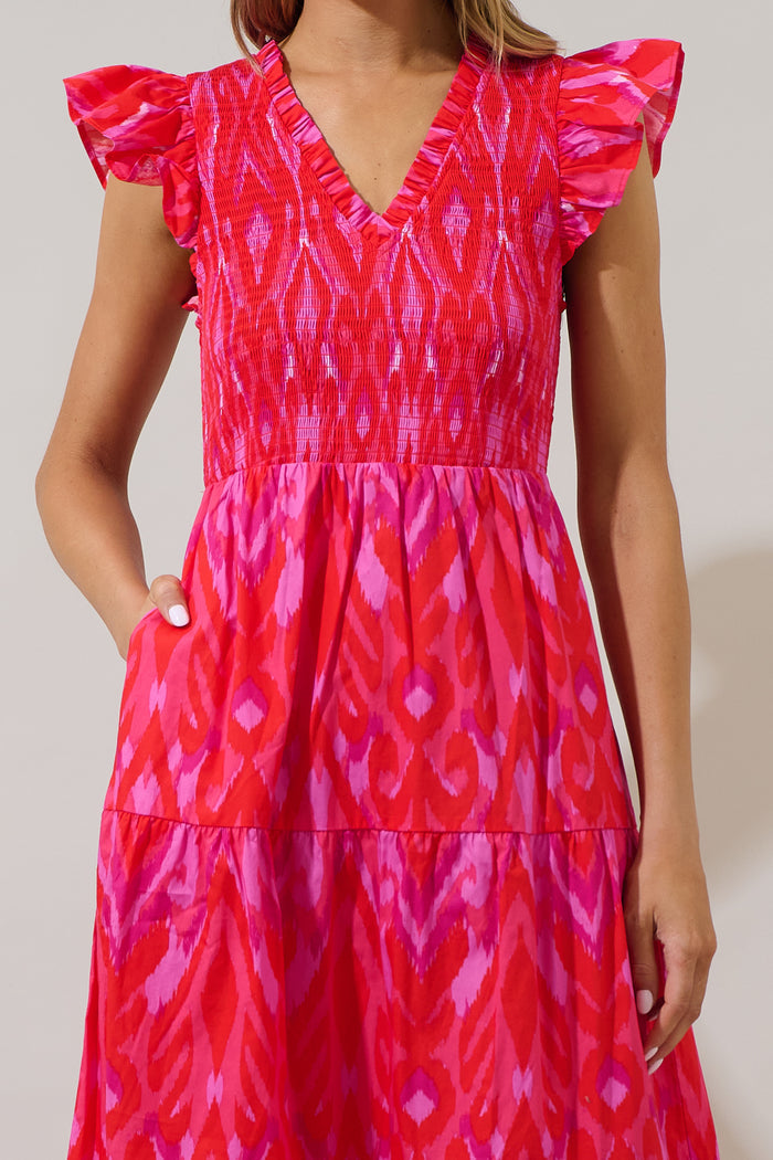 Blevin Ikat Sunfire Smocked Bodice Tiered Midi Dress