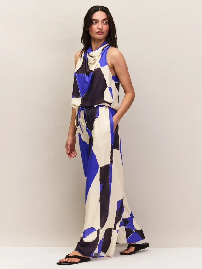 Blue Abstract Print Cowl Neck Top