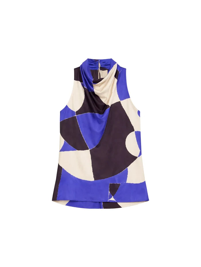 Blue Abstract Print Cowl Neck Top