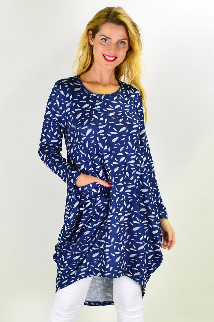 Blue floating leaf knit tunic top by I Love Tunics, showing a relaxed fit with leaf pattern and soft fabric.