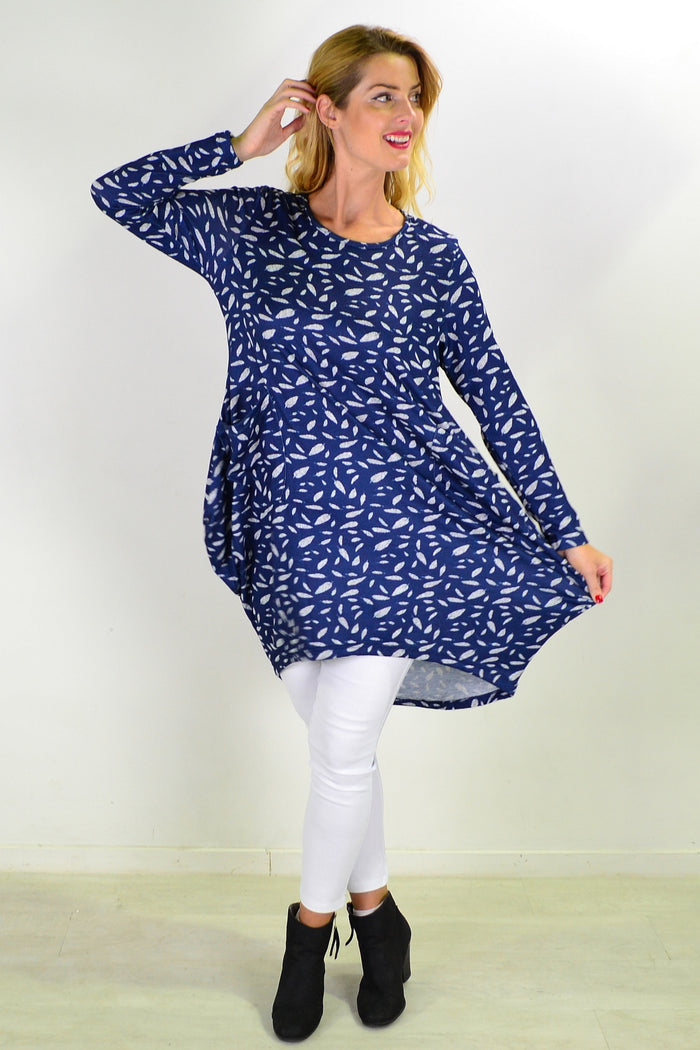 Blue floating leaf knit tunic top by I Love Tunics, shown with a relaxed fit, round neckline, and long sleeves.