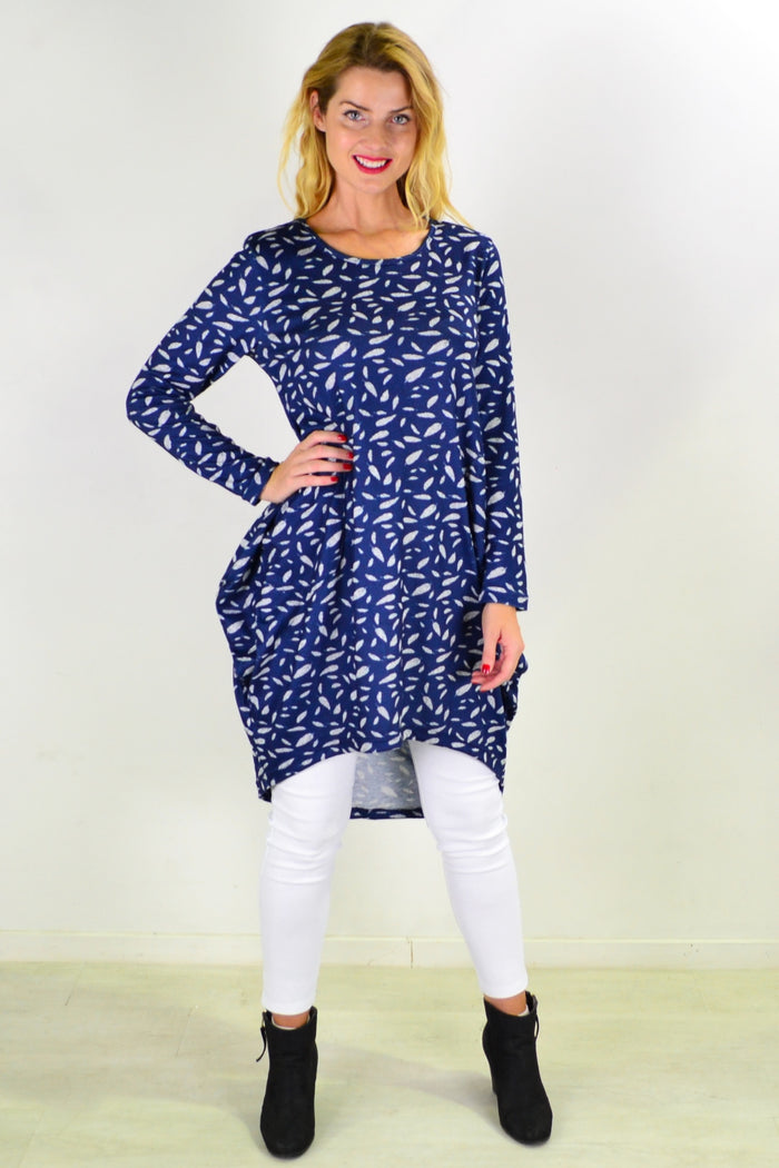 Blue floating leaf knit tunic top by I Love Tunics, featuring a relaxed fit with a textured leaf pattern and lightweight fabric.