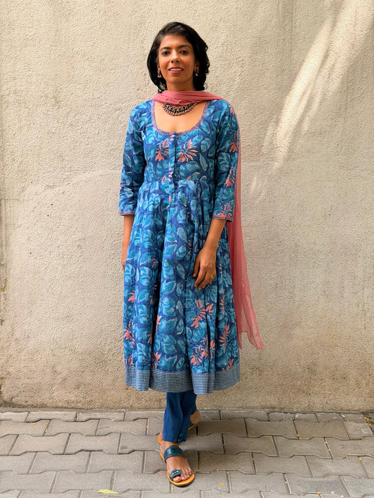 Blue Floral Cotton Kalidar Set