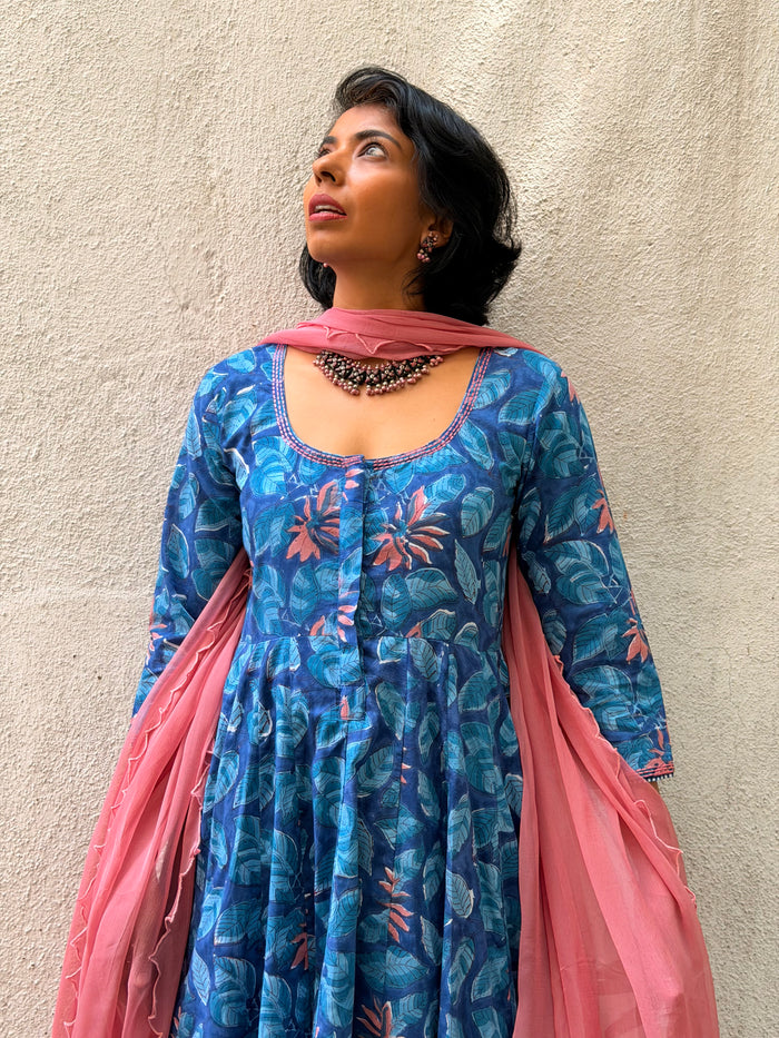 Blue Floral Cotton Kalidar Set