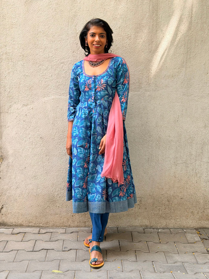 Blue Floral Cotton Kalidar Set