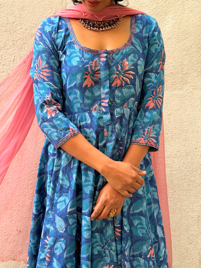 Blue Floral Cotton Kalidar Set